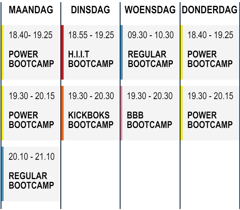 Lesrooster maandag - donderdag FitmetDylan Bootcamp Alkmaar, Heiloo, Schoorl en Geestmerambacht